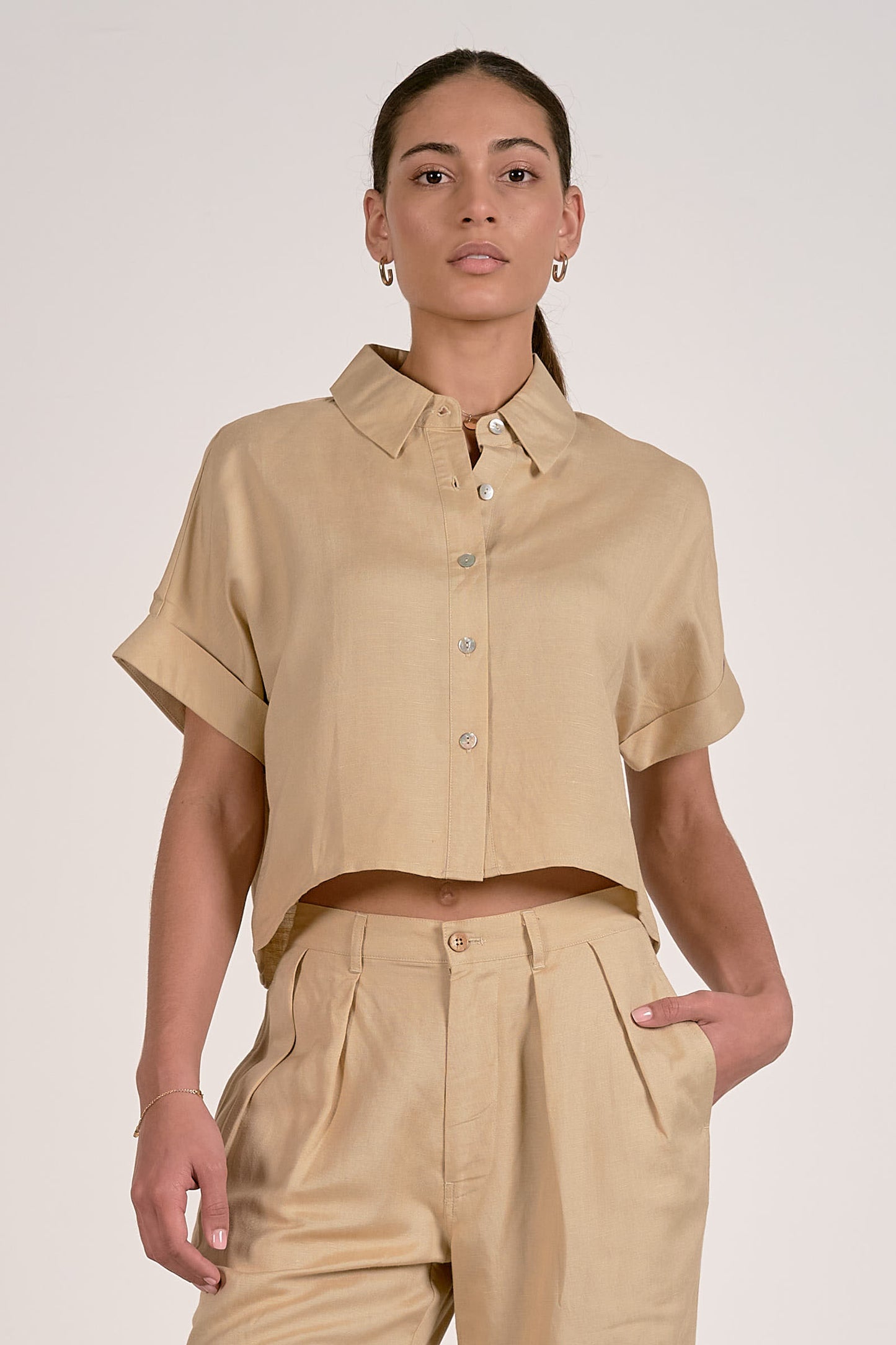 Short Sleeve Button Down Top in oatmeal by Elan