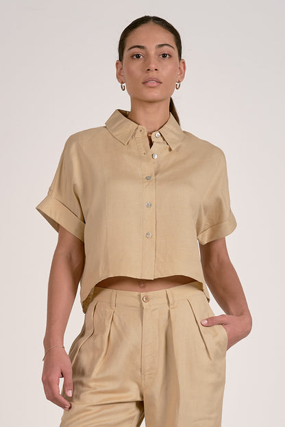 Short Sleeve Button Down Top in oatmeal by Elan