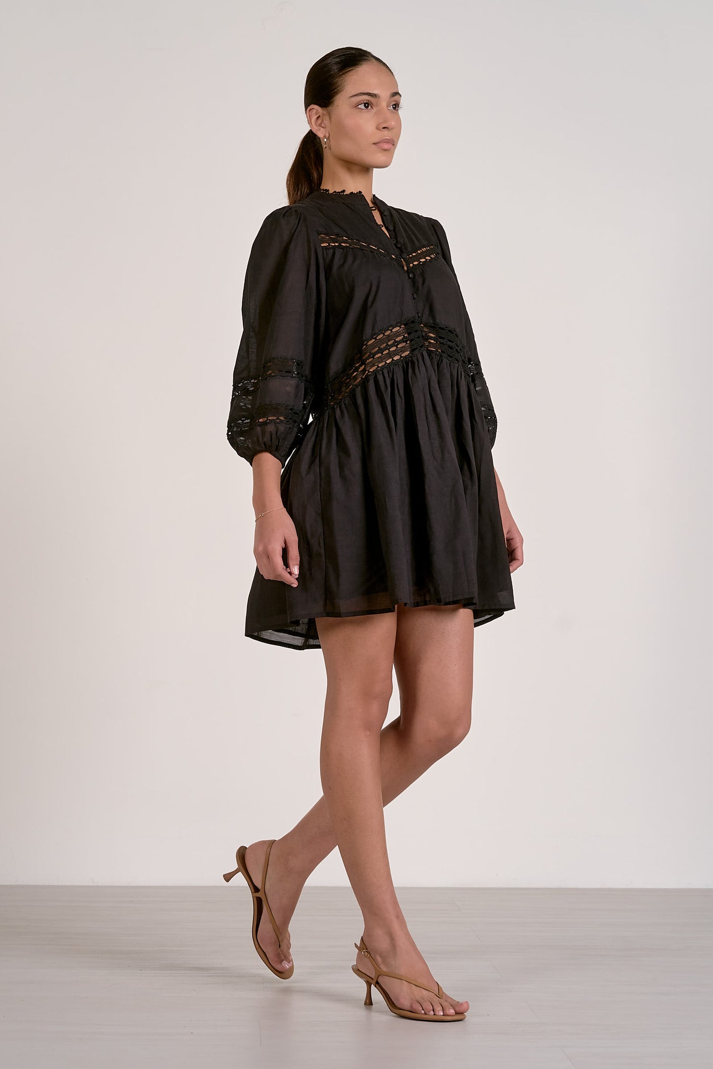 3/4 Sleeve Flowy Lace Dress in black by Elan