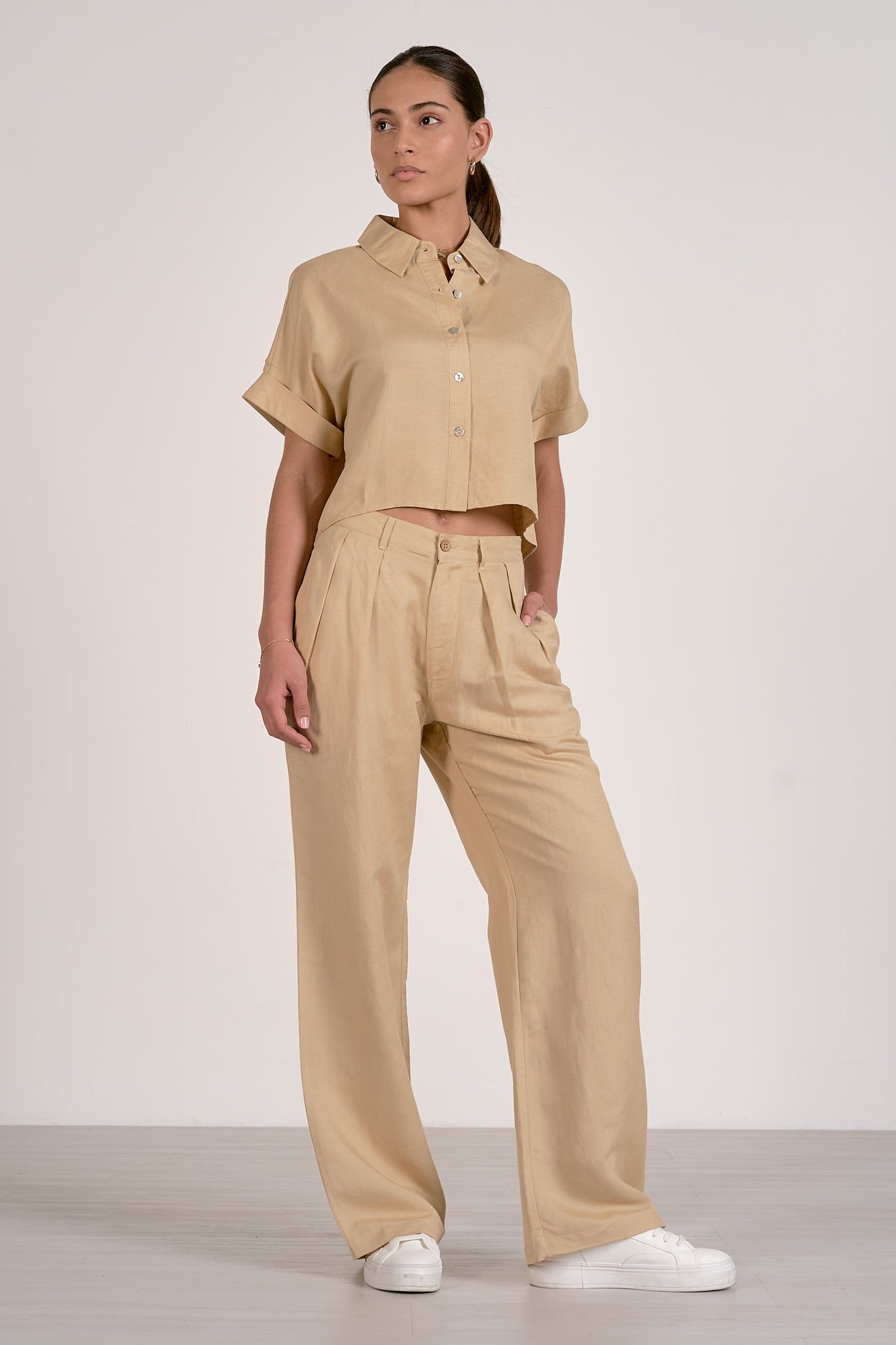 Short Sleeve Button Down Top in oatmeal by Elan