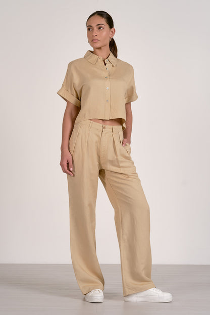 Short Sleeve Button Down Top in oatmeal by Elan