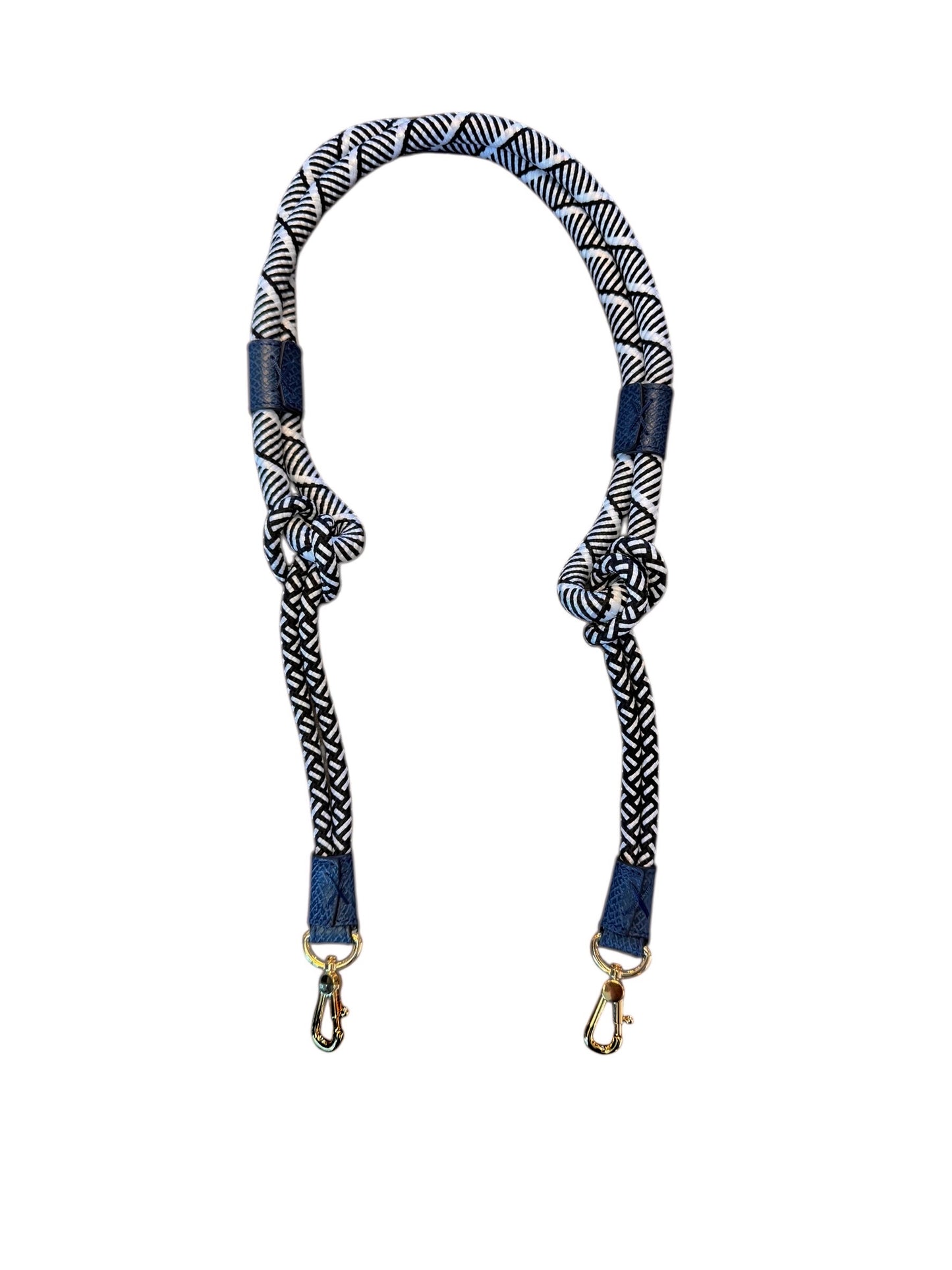 Braided Nylon Strap in black & white rope with dark blue reticulated leather