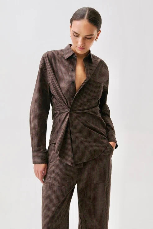 Mila Long Sleeve Button Down Wrap Top in hot toddy by Pistola