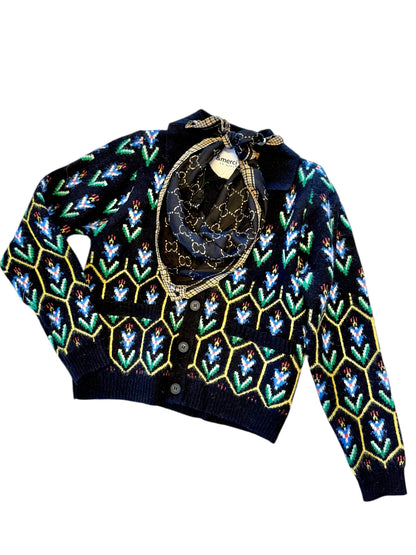 Floral Knit Collared Sweater Cardigan in black multi by &Merci