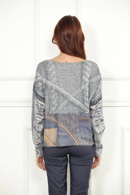 V-Neck Screen Printed Sweater in denim by Zero Degrees Celsius
