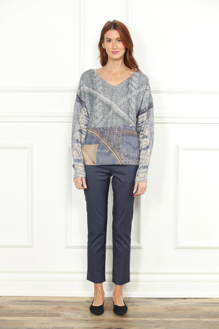 V-Neck Screen Printed Sweater in denim by Zero Degrees Celsius