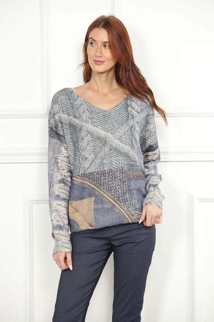 V-Neck Screen Printed Sweater in denim by Zero Degrees Celsius