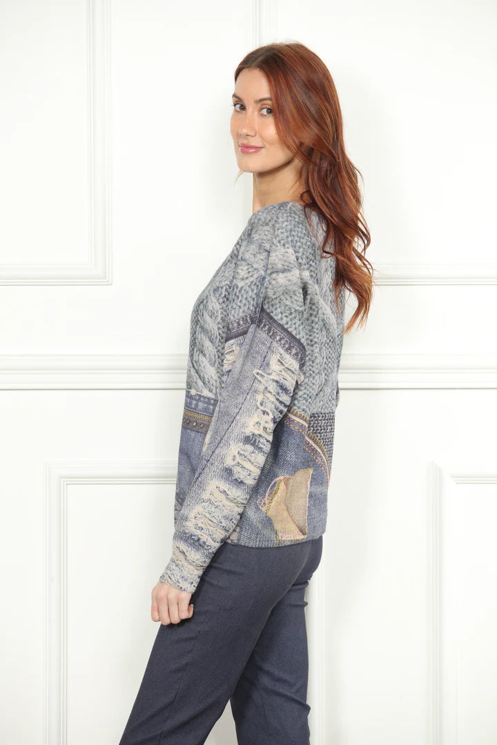 V-Neck Screen Printed Sweater in denim by Zero Degrees Celsius