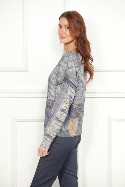 V-Neck Screen Printed Sweater in denim by Zero Degrees Celsius