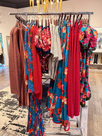 Stevie Dress in holiday chintz teal by Elizabeth James