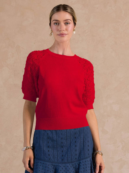 Crew Neck Crochet Sleeves Knit Sweater in red by Current Air