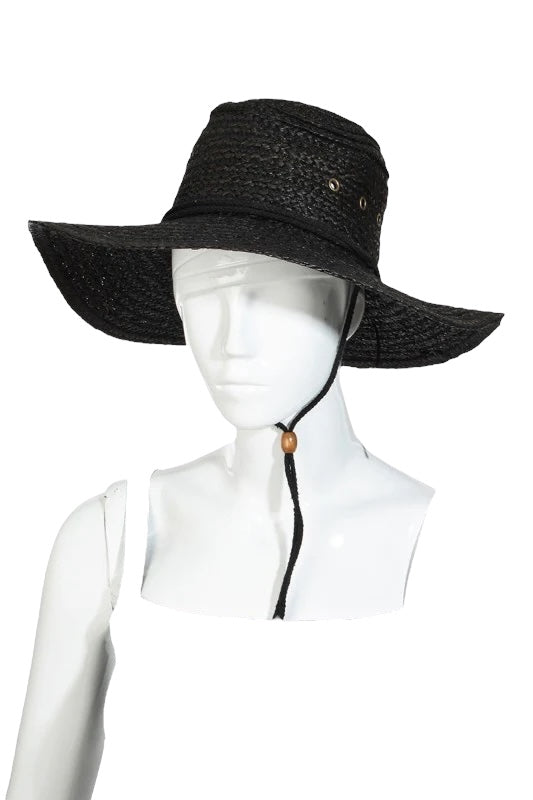 Chin Strap Straw Sun Hat in black