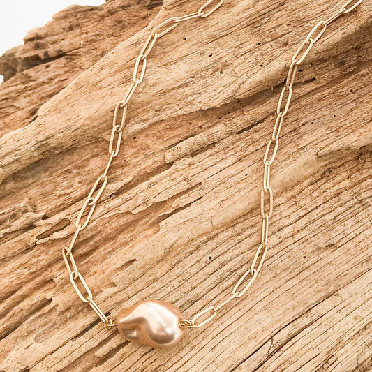Pearl Nugget Shell on Large Paperclip Chain in gold by Virtue