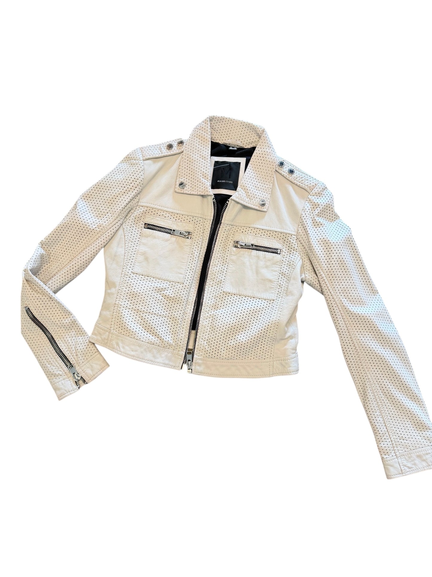 Shala RF Leather Jacket in off white by Mauritius