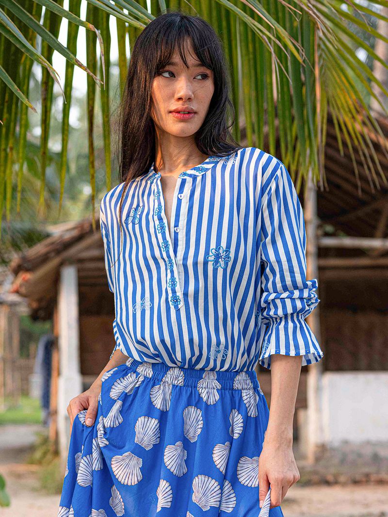 Broom Stripe Blouse with Flower Embroidery in blue by Nimo