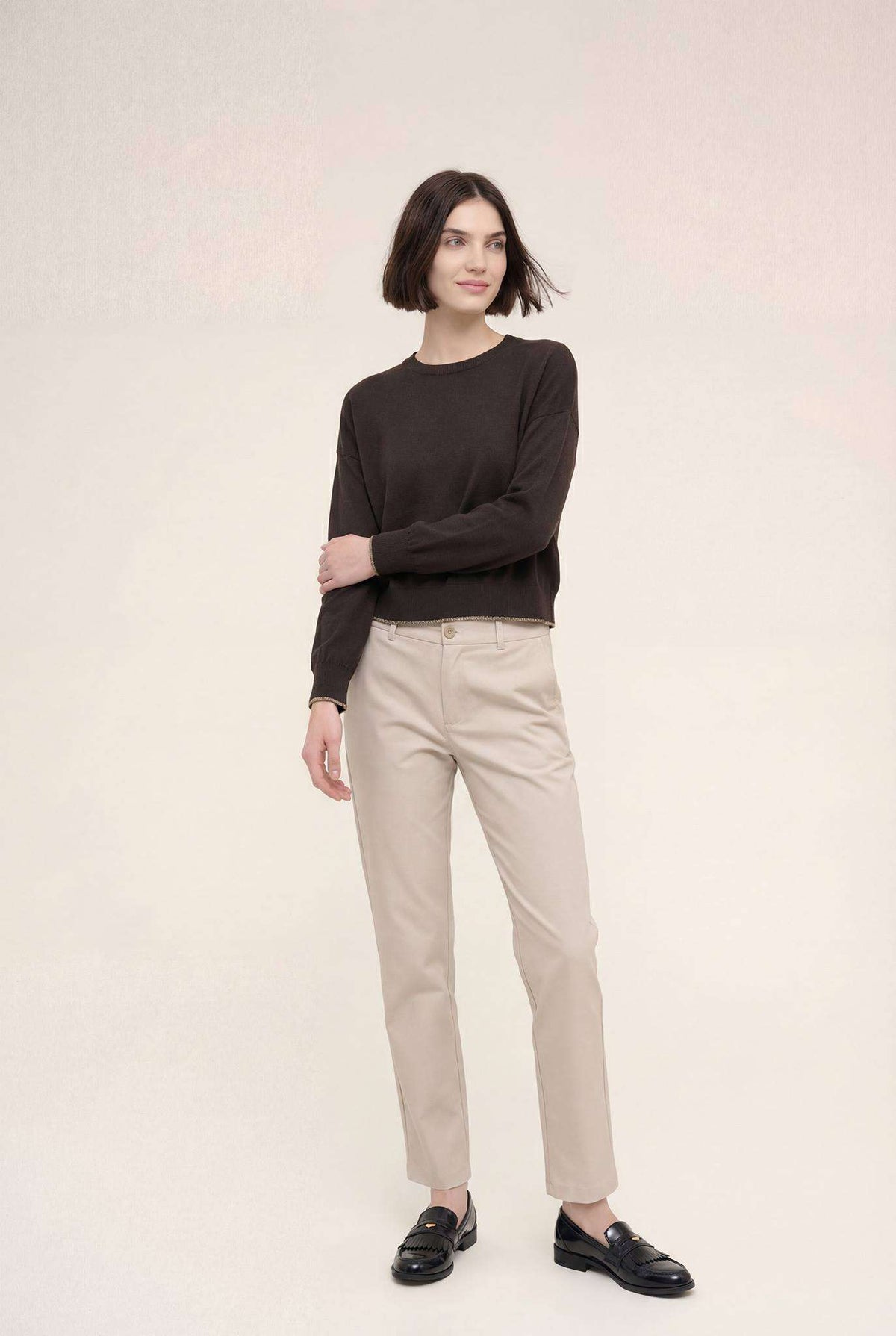 Gold Trim Sweater in dark brown by B-YU