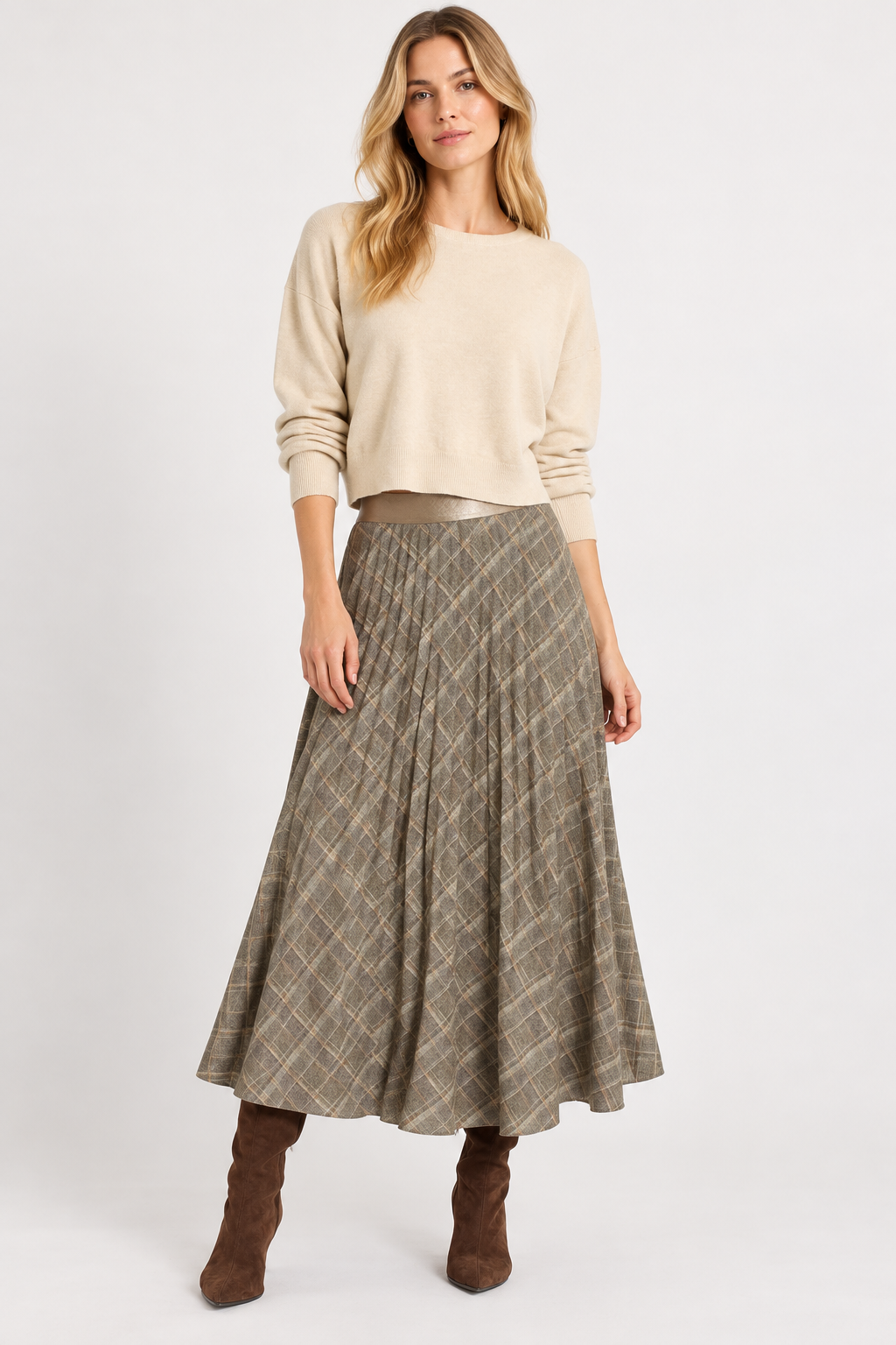 Sabrina Ponte Pleated Midi Skirt in smoked green plaid by Lysse