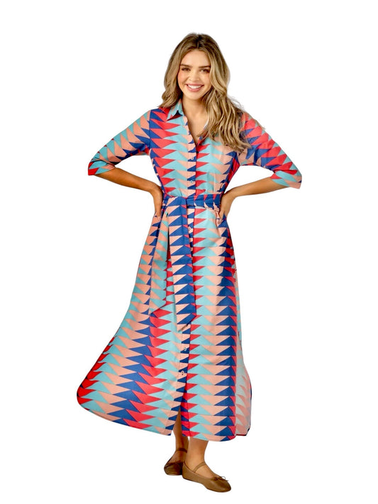 Eloise Maxi Dress in atlantic bagru triangle multi by Beau & Ro