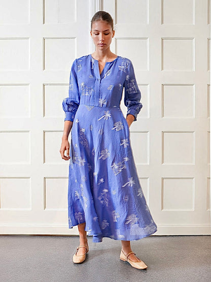 Azurite Maxi Dress in blue village embroidered by Nimo