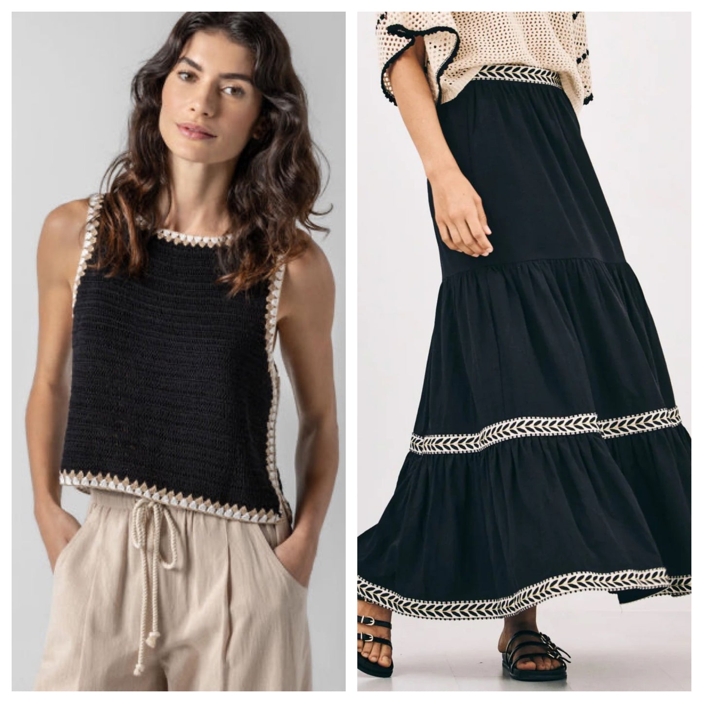 Long Skirt with Ruffles & Embroidery in black by NKN
