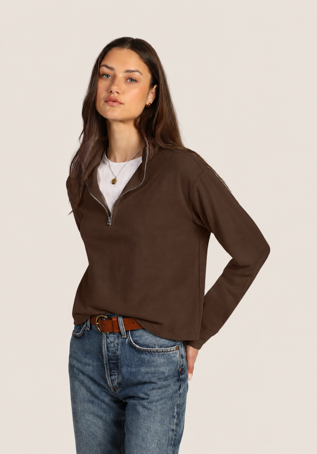 Quarter Zip Pullover in dark brown by Dylan