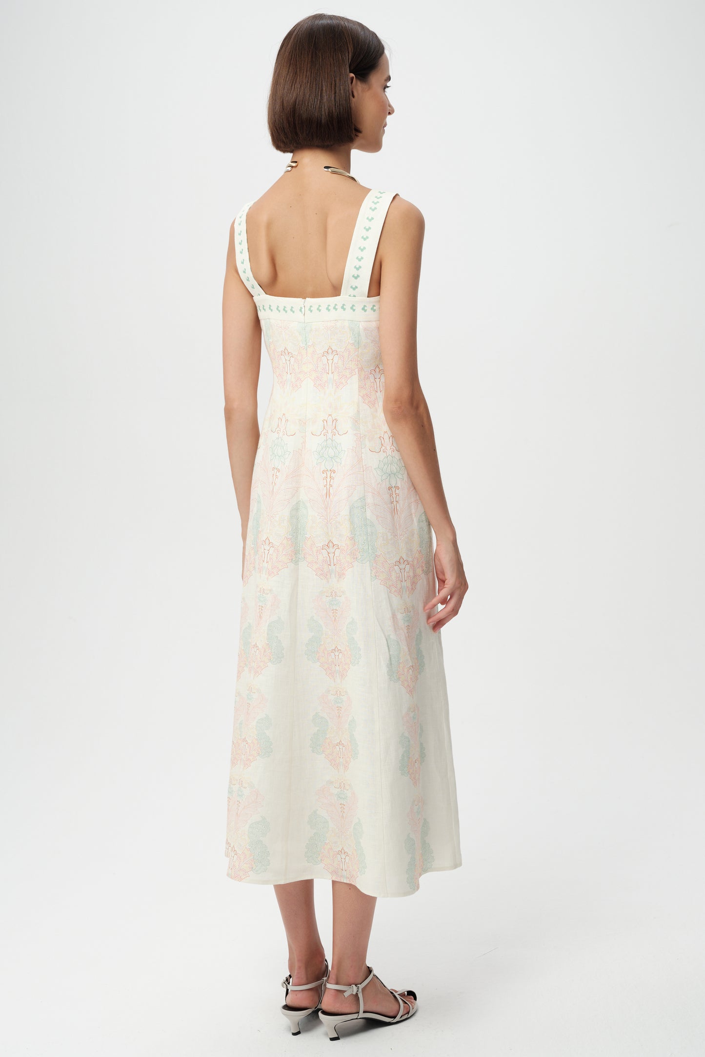 Patterned Linen dress by exquise back view on model 