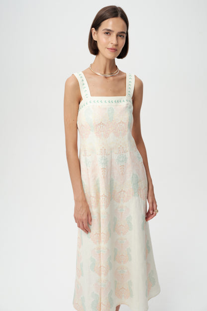 Printed Linen Midi dress by exquise fabric detailing 