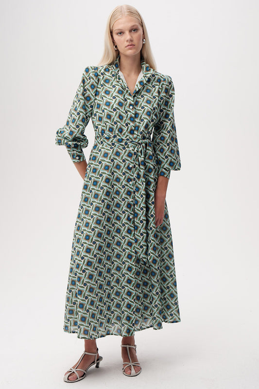 Model wearing patterned collared maxi dress