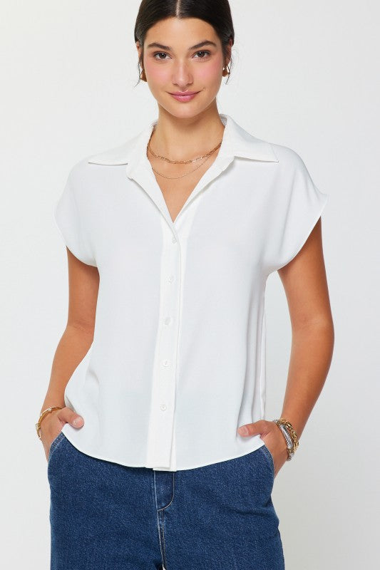 Cap Sleeve Button Down Blouse in white by Current Air