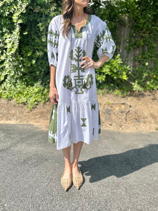 Amersham Dress in White with Olive By Rose & Rose