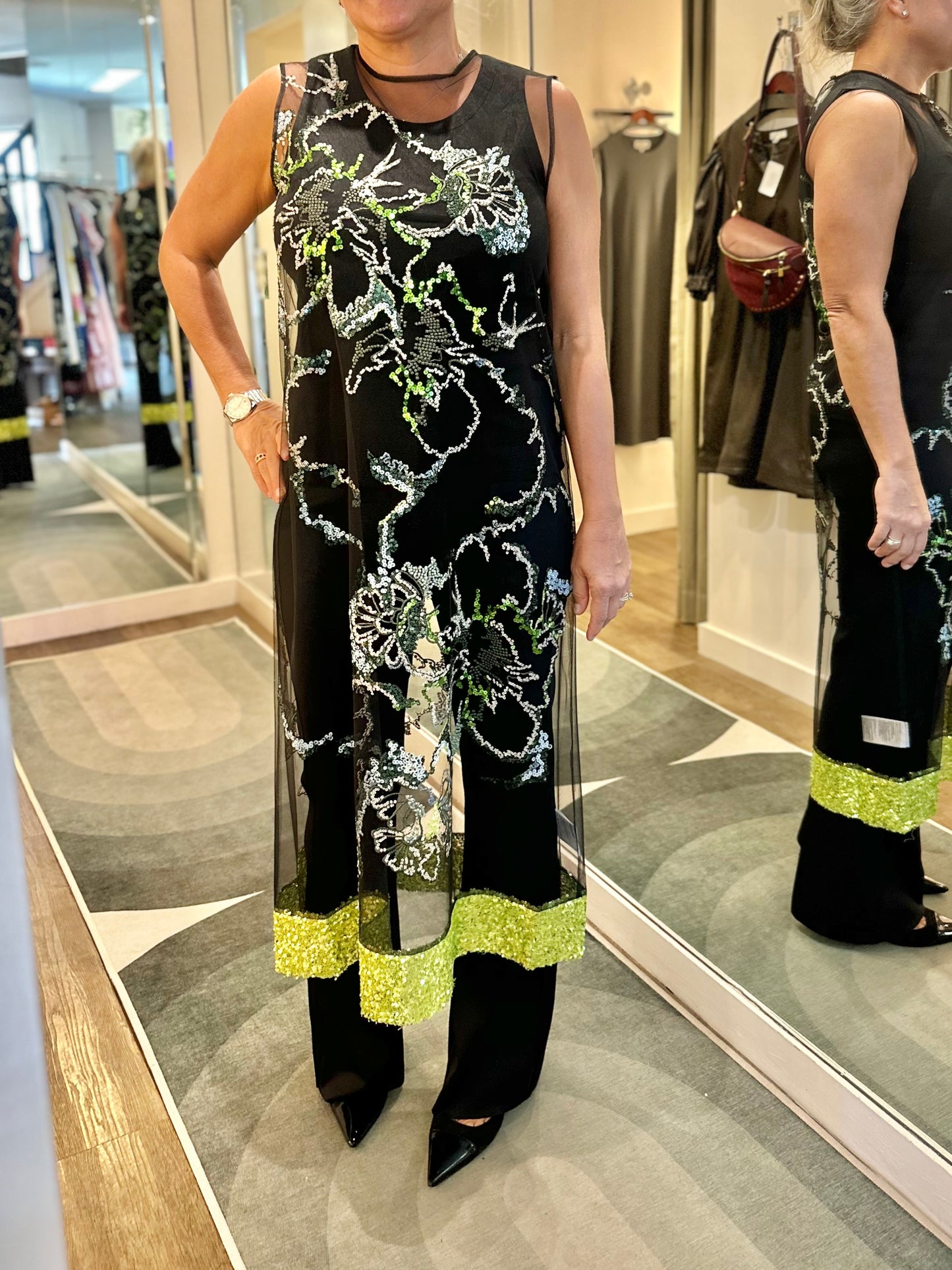 Sleeveless Floral Sequins Maxi Dress in green by Psophia