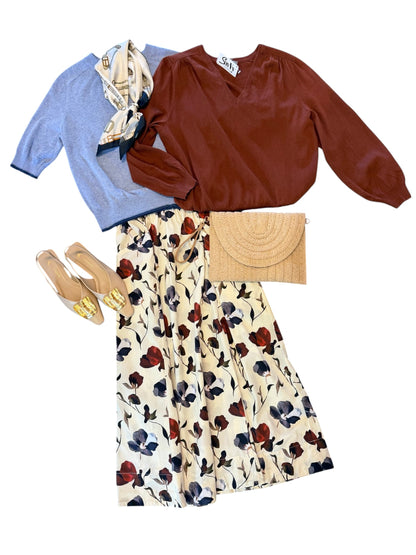 Elastic Waist Paneled Skirt in blue poppy print by Lilla P