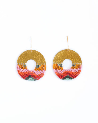 Beaded Handwoven Organic Circular Fringe Earrings in earth by Mayana