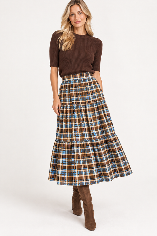 Maggie Skirt in brown plaid by Navy Bleu