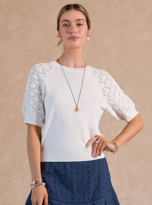 Crew Neck Crochet Sleeves Knit Sweater Top in white by Current Air