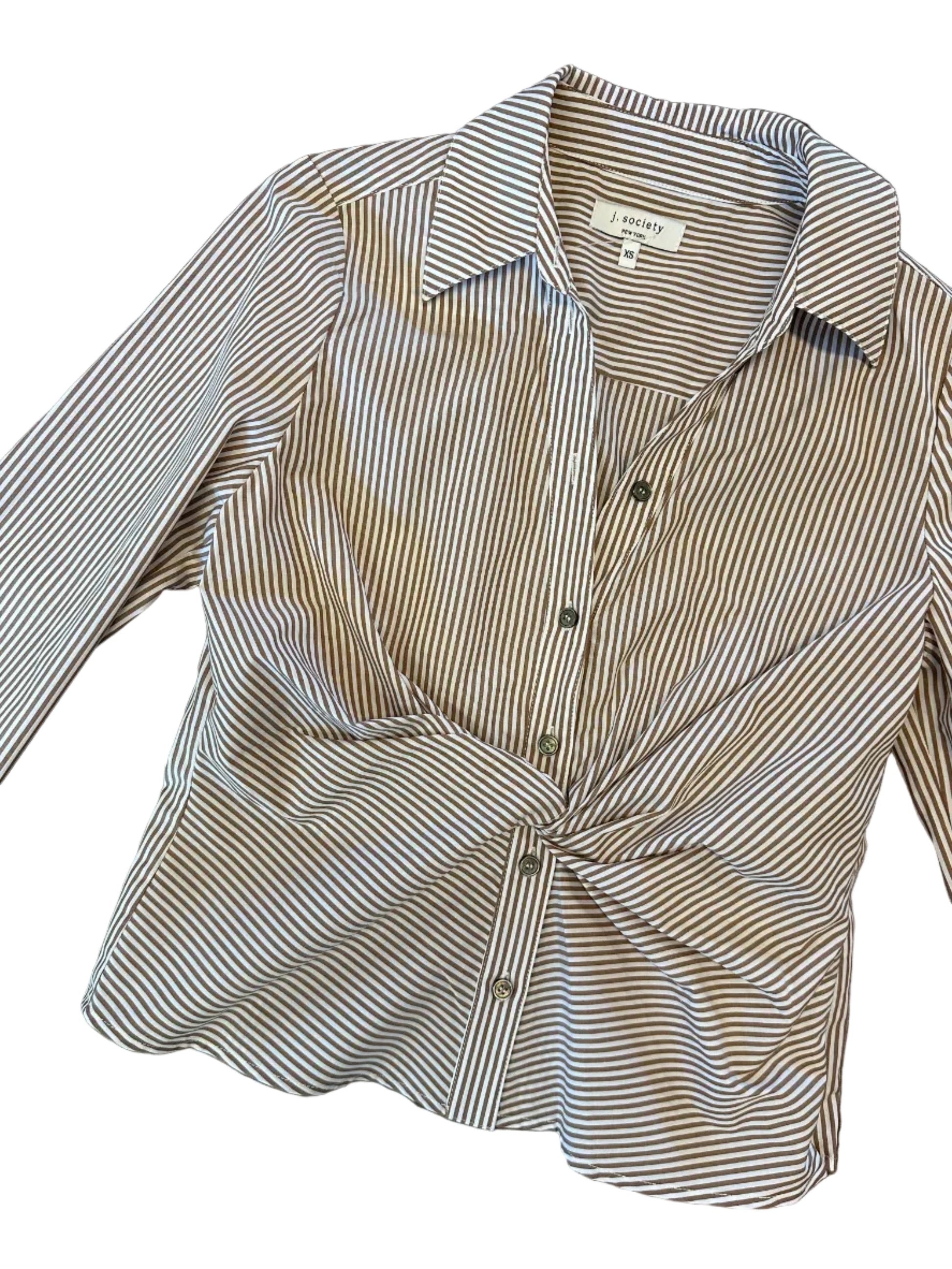A long-sleeve button-up shirt with thin brown and white vertical stripes