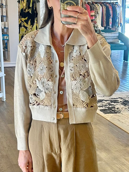 Galicia Lace Front Cardigan in beige by Conditions Apply