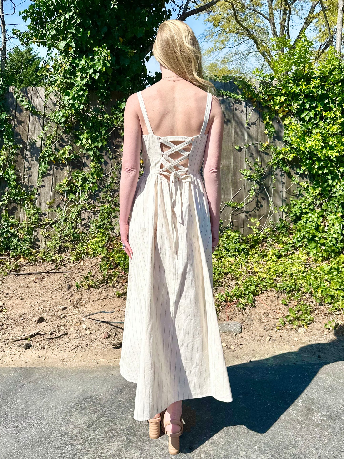 Casey Striped Midi Dress in creme by FRNCH