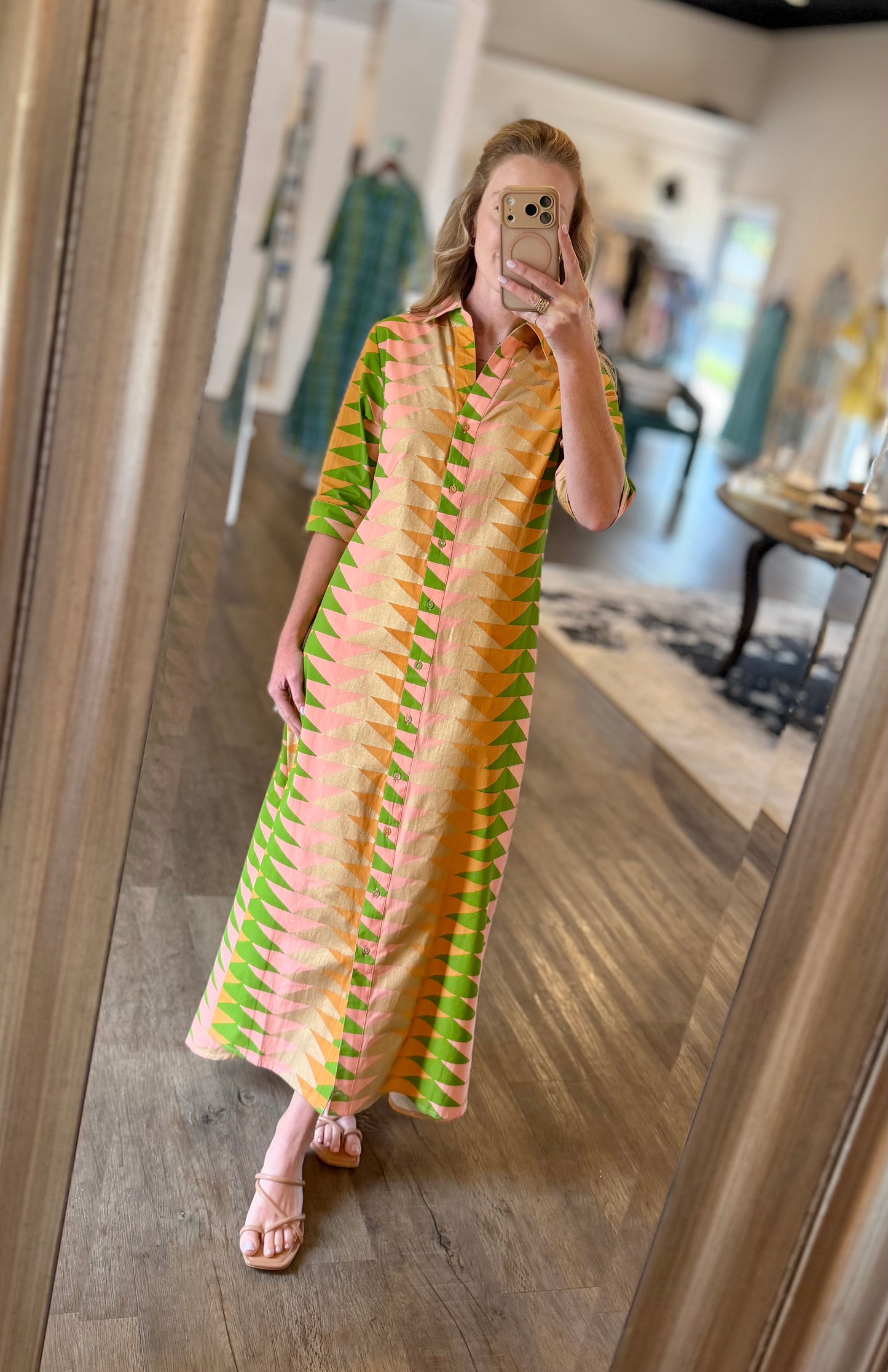 Eloise Maxi Dress in yellow bagru triangle sunrise by Beau & Ro