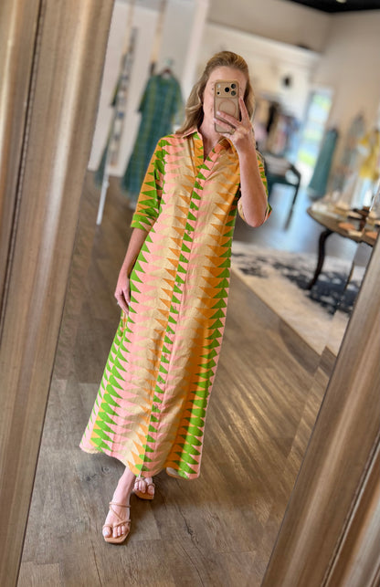 Eloise Maxi Dress in yellow bagru triangle sunrise by Beau & Ro