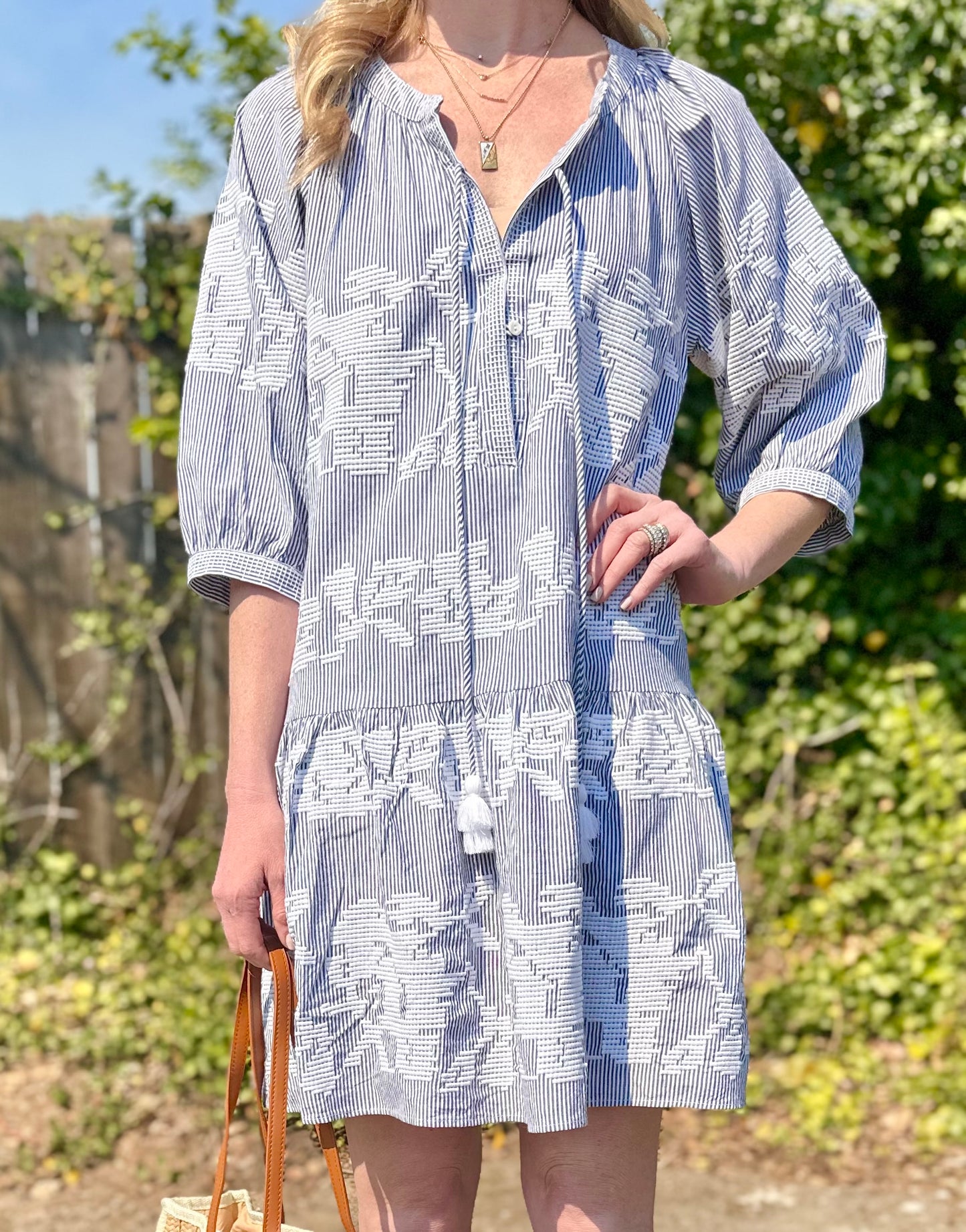 Palermo Stripe Embroidered Dress in blue/white by Rose & Rose