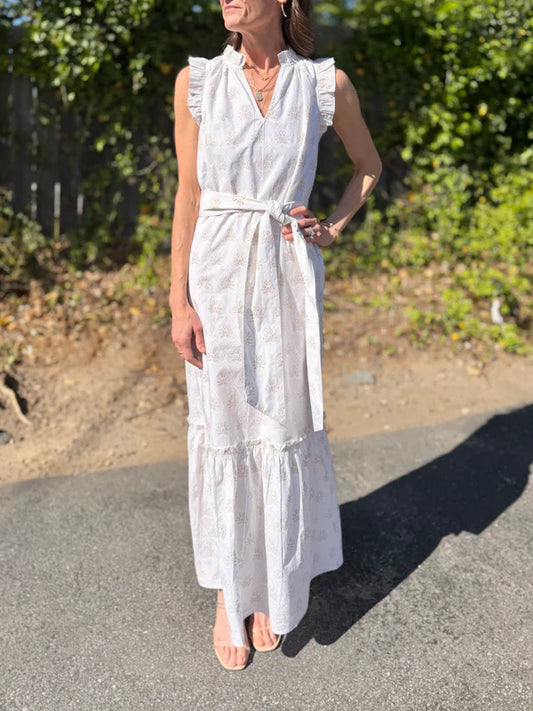 Christina Sleeveless Maxi Dress in white hearts by Fitzroy & Willa