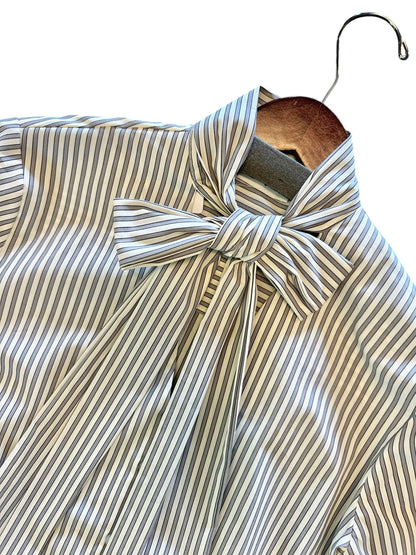 Stripe Neck Tie Blouse in grey by B-YU