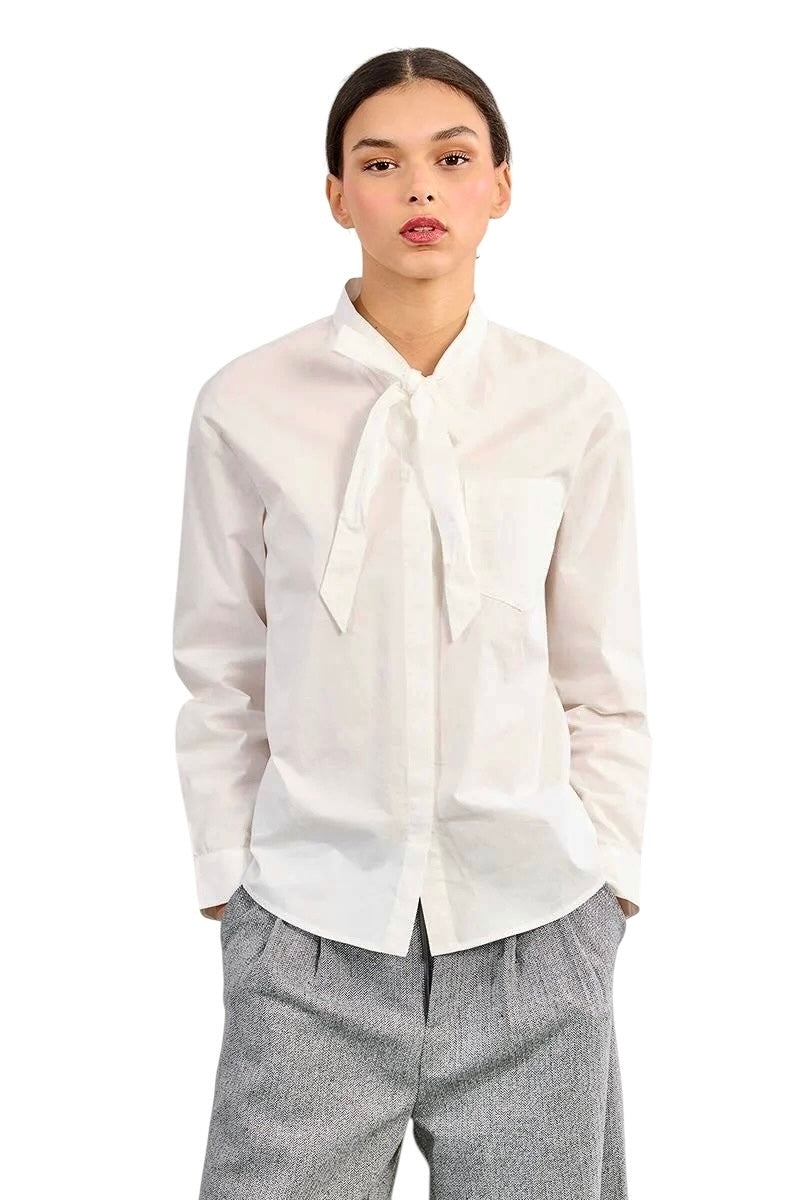 Long Sleeve Button Up Blouse with Bow Detail in white by Molly Bracken