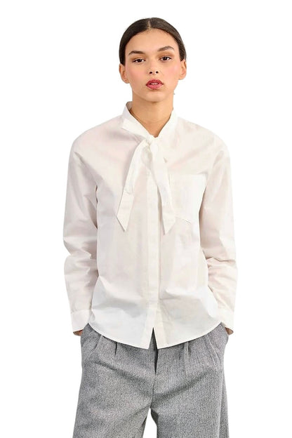 Long Sleeve Button Up Blouse with Bow Detail in white by Molly Bracken
