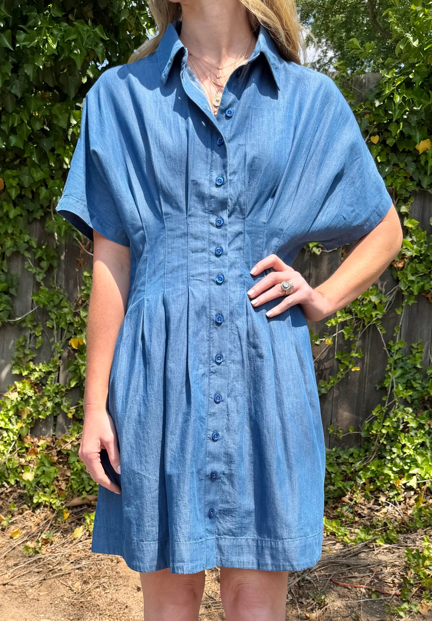 Francesca Dolman Pleated Chambray Dress in secure by KUT