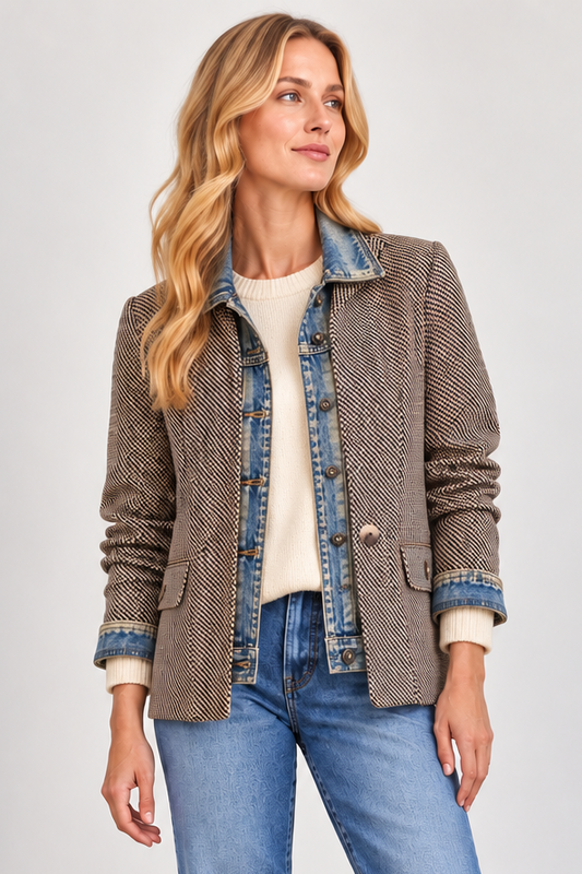 Mixed Media Denim Jacket in lexington check by Six Fifty