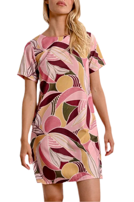 Short Sleeve Printed Shift Dress in light pink by Molly Bracken