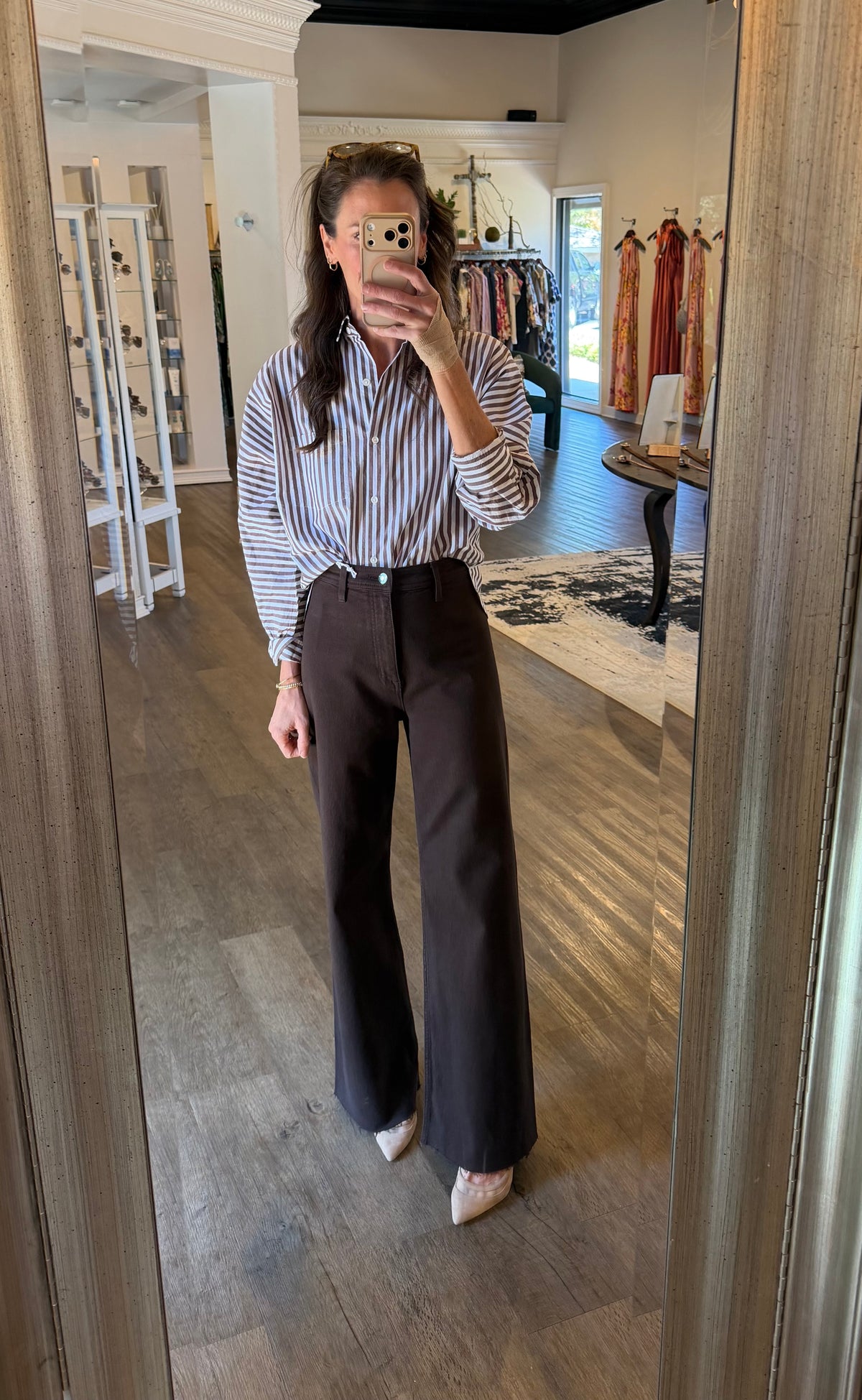 Dolman Sleeve Button Down Shirt in chestnut stripe by Lilla P