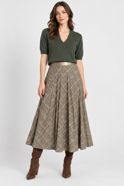 Sabrina Ponte Pleated Midi Skirt in smoked green plaid by Lysse